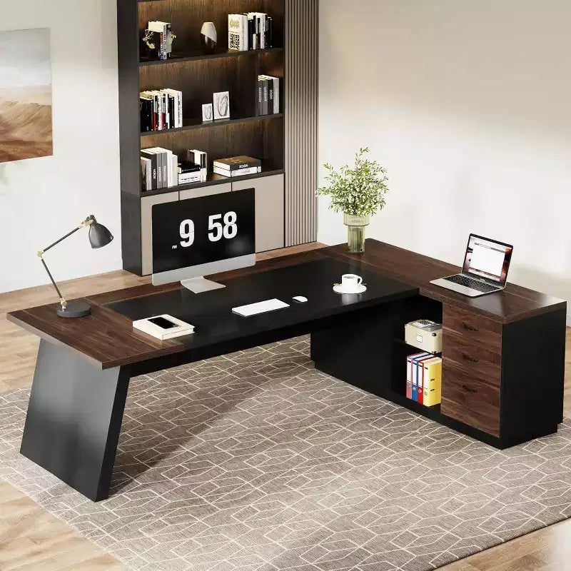 Lantine Modern 78 L-förmiger Chefschreibtisch mit Schubladen und seitlichem Aktenschrank