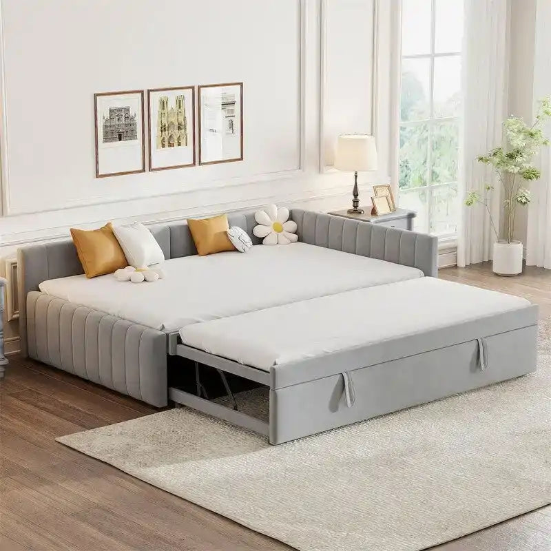 Gepolstertes Daybed mit Twin-Size-Pop-up-Schlafsofa, Full-Size-Daybed-Rahmen, Sofa mit L-förmiger Rückenlehne und gestreiftem Design