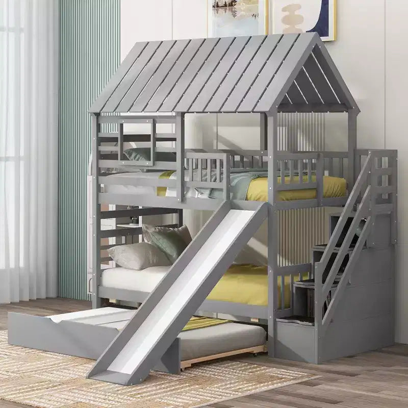 Whisen Etagenbett in Hausform mit zwei Einzelbetten, Ausziehbett, Rutsche, Treppe mit Stauraum sowie Dach- und Fensterdesign