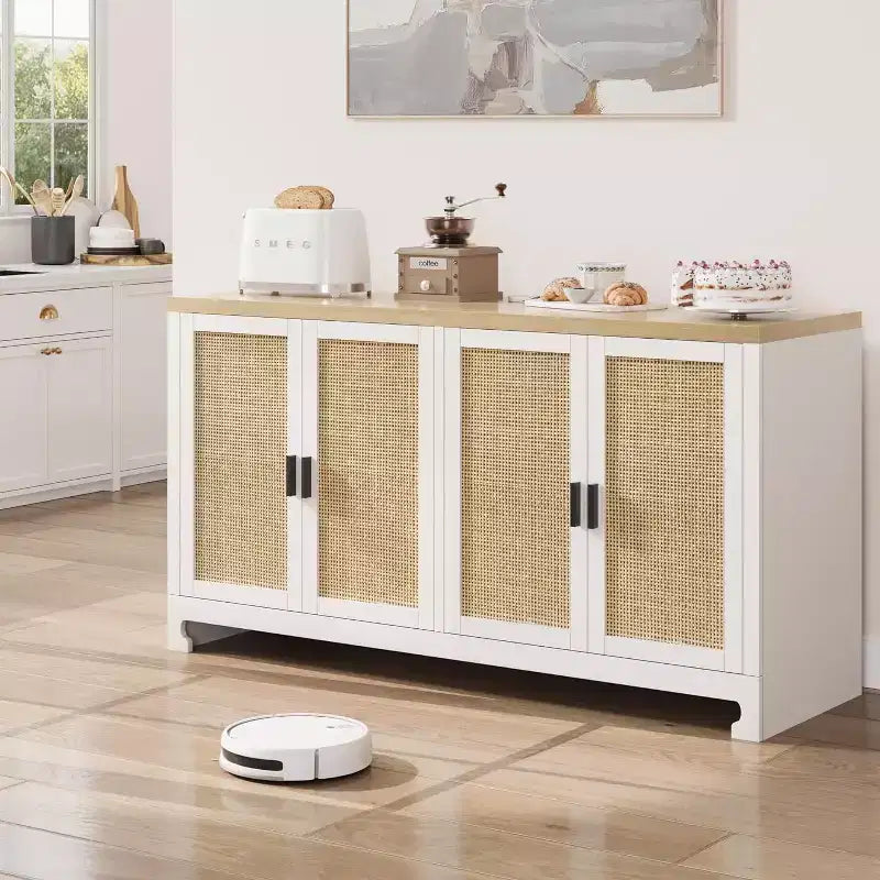 4-türiger Aufbewahrungsschrank aus Geflecht, Buffet-Sideboard mit Ablage, Kaffeebar-Konsole für Küche, Ess- & Wohnzimmer, 36H