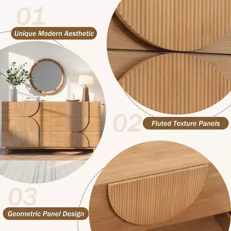 Moderne geometrische Kommode mit 6 Schubladen, breiter Aufbewahrungsschrank mit Halbkreis-Akzent für Schlaf- und Wohnzimmer