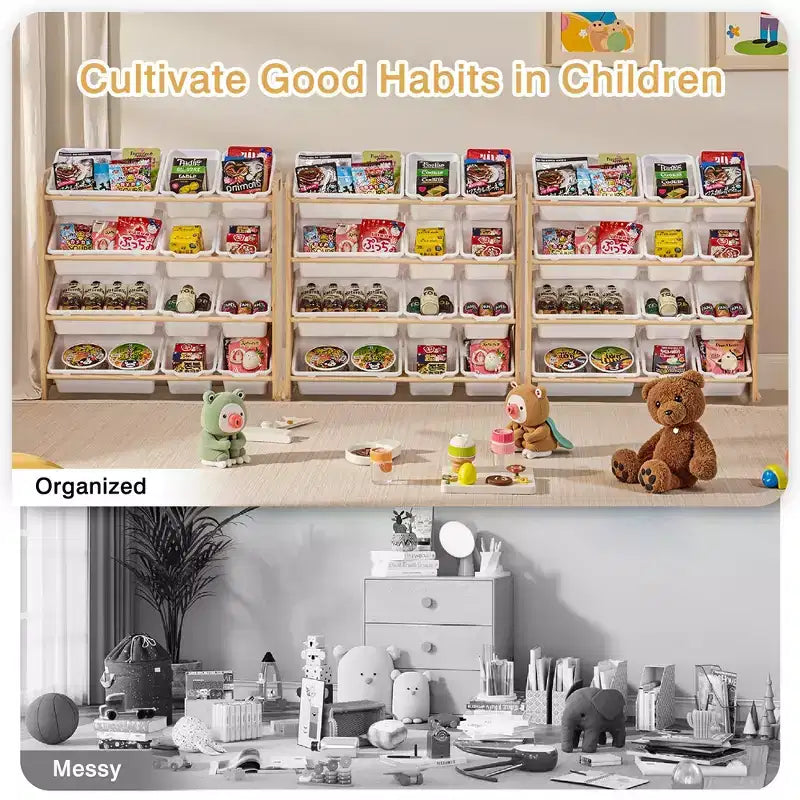 VECELO Kinder-Bücherregal mit Spielzeugaufbewahrung und 12 Körben, Spielzeugregal aus Holz für Kleinkinder, geräumige Spielzimmeraufbewahrung für Bücher oder Spielzeug