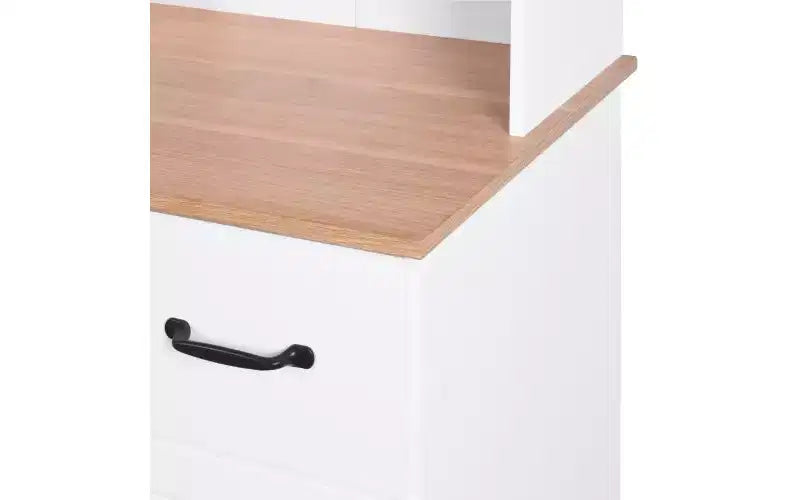 23 Holzküchenschrank, Vorratsschrank mit Mikrowellenfach, Glastüren und Schubladen, verstellbaren Einlegeböden, Weiß