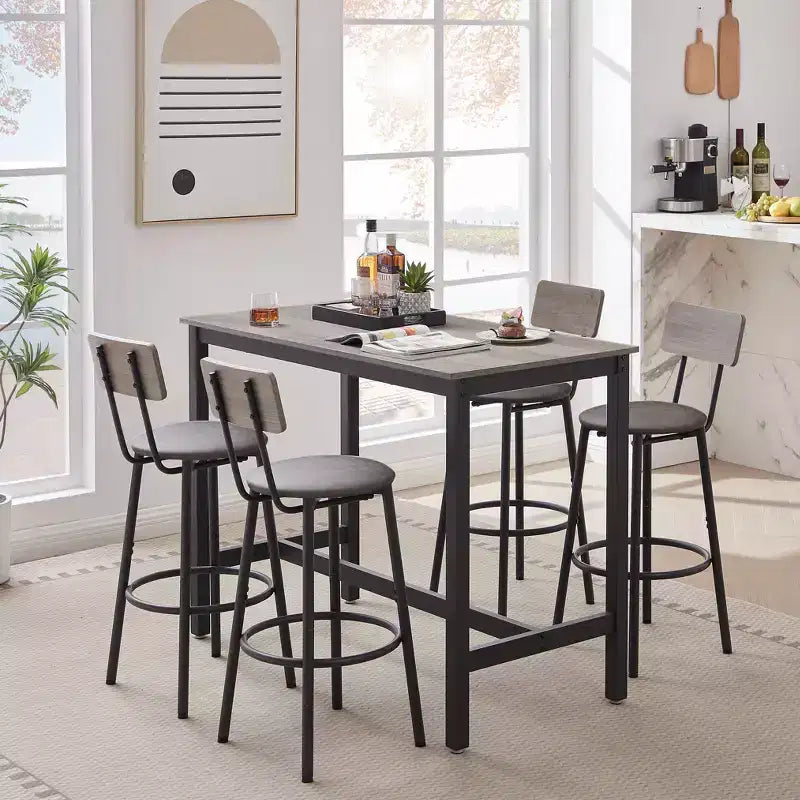 5-teiliges Esszimmertisch-Set, Bartisch-Set mit 4 gepolsterten Hockern, Holzlehne und ringförmiger Fußstütze, für Wohnzimmer, Arbeitszimmer und Esszimmer