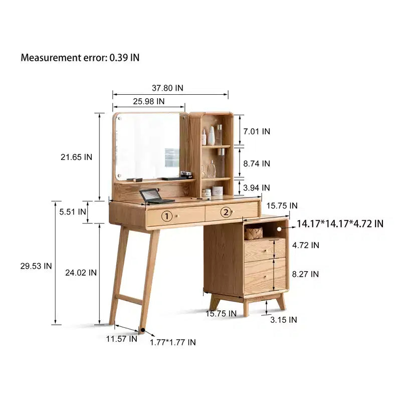 GDFStudio Crichton moderner Schminktisch aus massiver Eiche mit 4 Schubladen und Ablageflächen