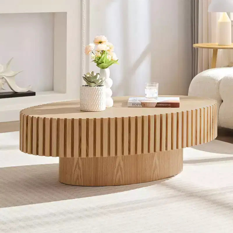 Ovaler/Quadratischer Couchtisch, minimalistischer geriffelter Mitteltisch, Beistelltisch, natürliche Esche/Nussbaum/Mattschwarz – ModernLuxe
