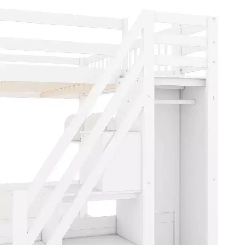 Queen-Hochbettgestell mit Treppe, Kleiderschrank & Regalen - MDF, 650 lb