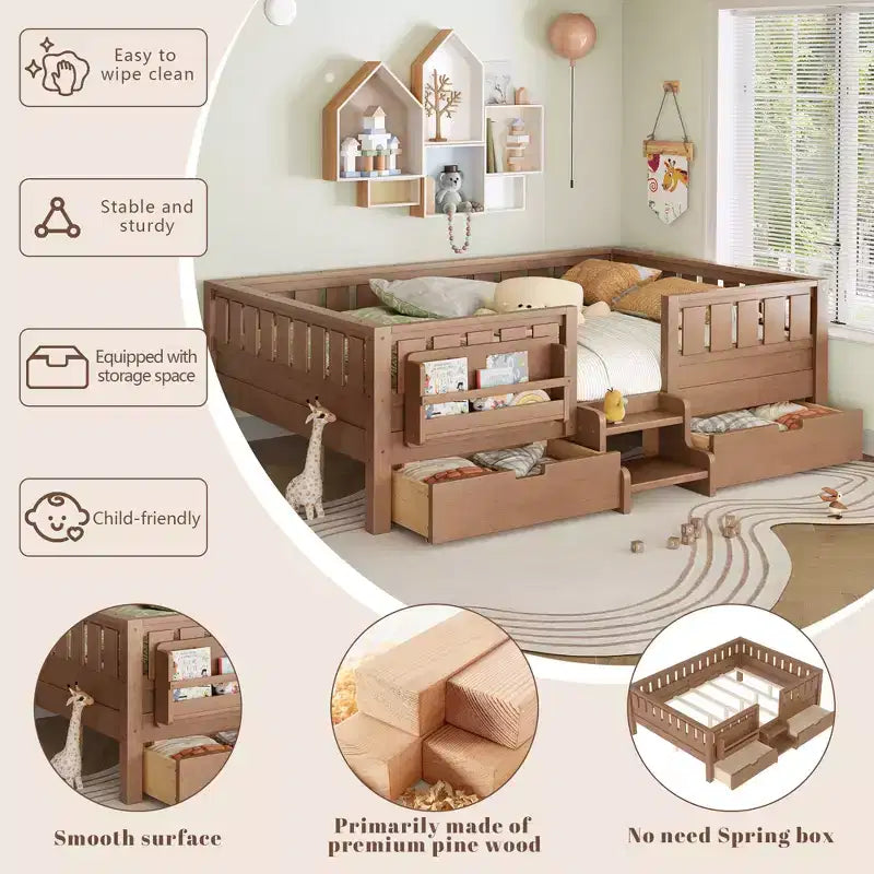 Bellemave Queen-Size-Kleinkindbett mit 14 Sicherheitsgeländern, platzsparender Bettrahmen mit integrierten Bücherregalen & 2 Schubladen unter dem Bett