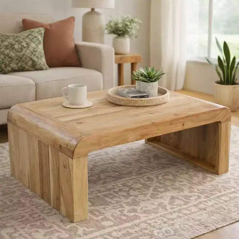 Royal Hampton Couchtisch, handgefertigt aus natürlichem Akazienholz, rechteckig, abgerundete Wasserfall-Tischplatte, 91 cm
