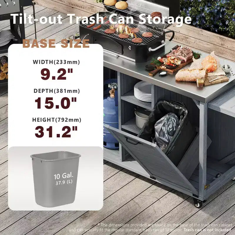 Outdoor-Kücheninsel mit klappbarem Seitentisch, Outdoor-Grillwagen mit Edelstahlplatte, versteckter Müllschrank für Rasen & Garten