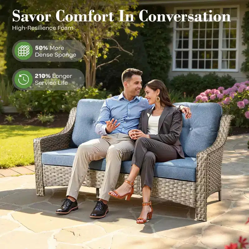 HOMLUX 6-teiliges Terrassen-Loungeset aus Polyrattan mit 3-Sitzer-Sofa und Polstern, Rattanstühlen, Hockern und Couchtisch