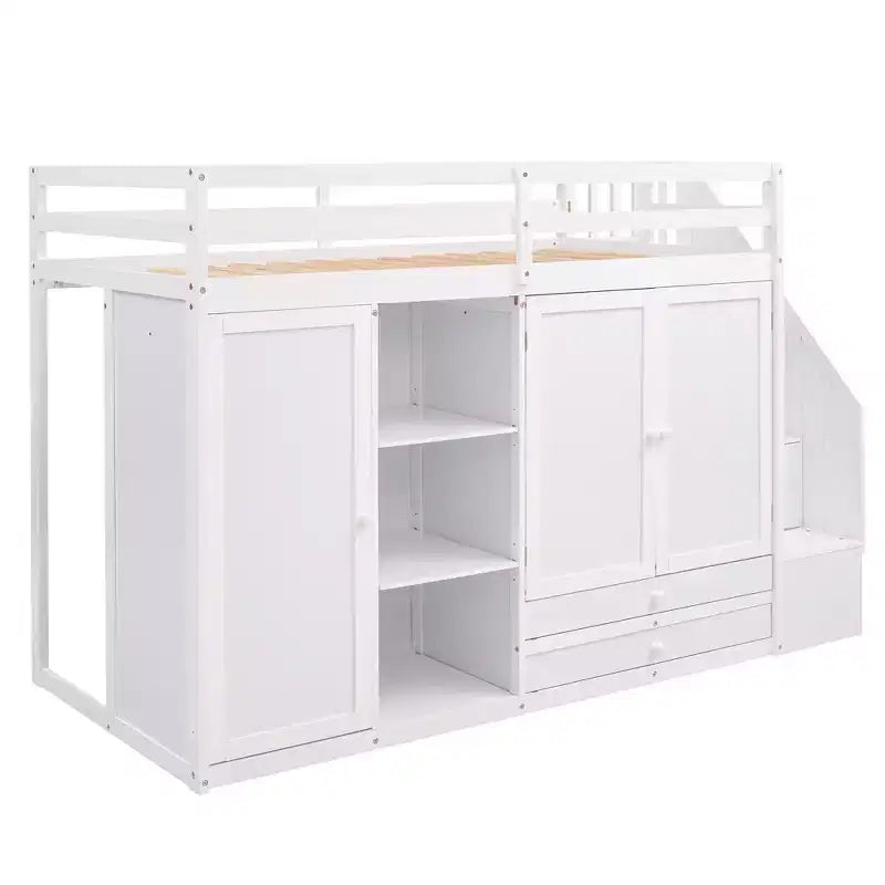 93,3 Funktionales Hochbett mit Kleiderschränken, Regalen, Schubladen und Stauraumleiter