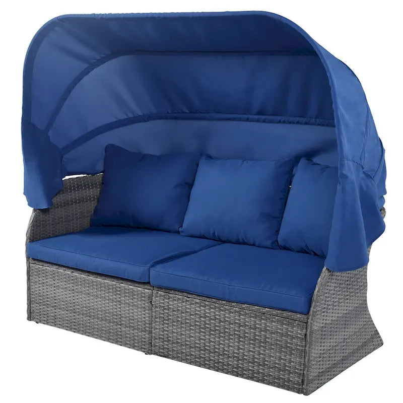 Graues Outdoor-Tagesbett aus Korbgeflecht mit Polstern und ausziehbarem Sonnendach