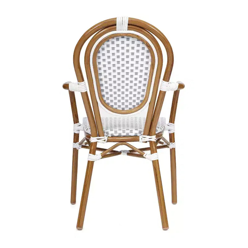 Flash Furniture 4er-Set Lourdes Indoor/Outdoor Gastro-Bistro-Stapelstuhl mit Armlehnen im Thonet-Stil, PE-Rattan und Aluminiumgestell