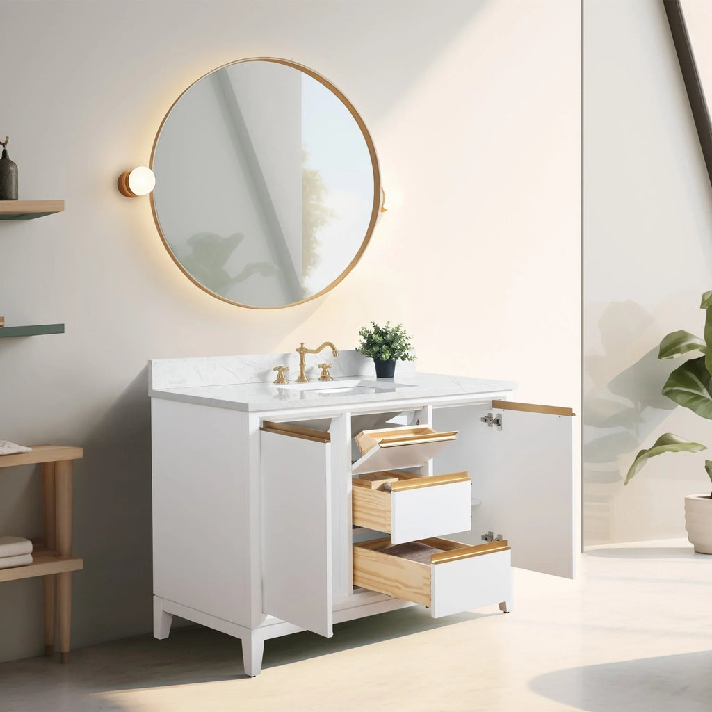 Vanity Art Badezimmerschrank mit Keramikwaschbecken und Platte aus technischem Marmor