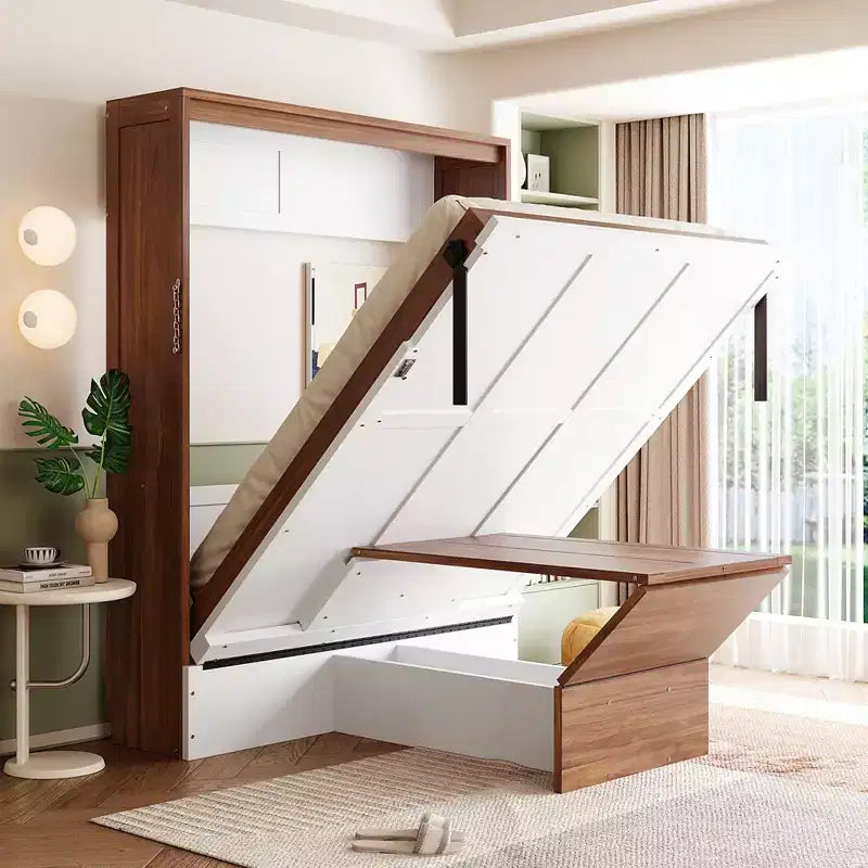 Murphy-Bett in voller Größe, Holzwandbett mit Schrank und klappbarem Schreibtisch, klappbares Wandbett mit Truhenfunktion für Gästezimmer oder Büro