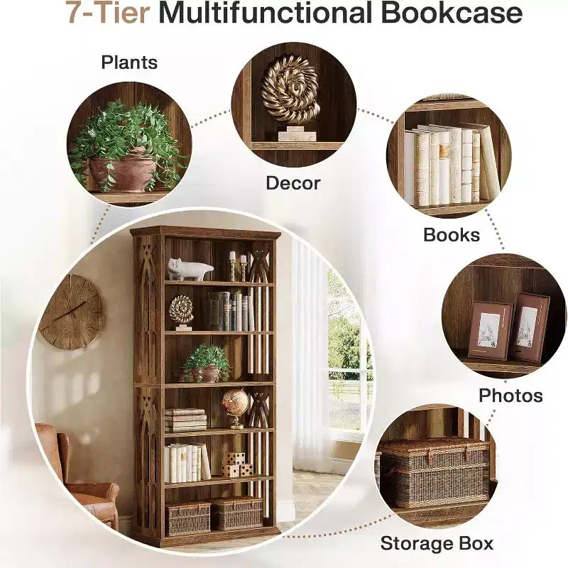 6-stöckiges Holz-Bücherregal, 190 cm hohes Standregal, großes freistehendes Ausstellungsregal