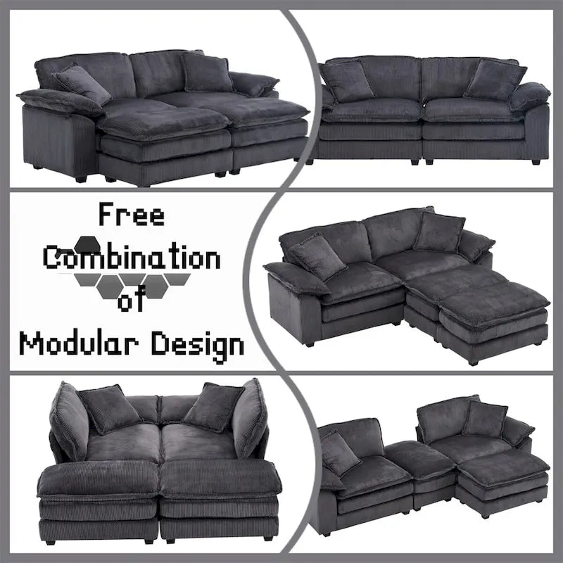 Modernes 2-Sitzer-Sofa aus Cord mit 4 Stützkissen und 2 Hockern