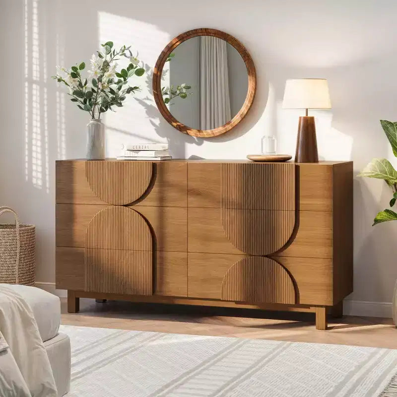 Moderne geometrische Kommode mit 6 Schubladen, breiter Aufbewahrungsschrank mit Halbkreis-Akzent für Schlaf- und Wohnzimmer