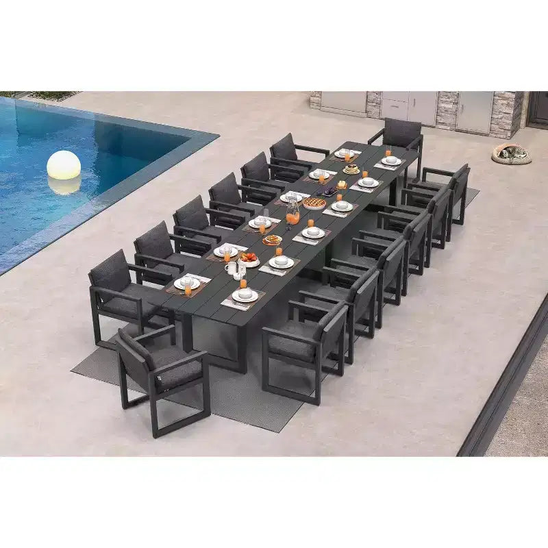 PURPLE LEAF luxuriöses Outdoor-Essgruppe aus Aluminium mit Tisch und Stühlen sowie abnehmbaren, dicken Sitzkissen