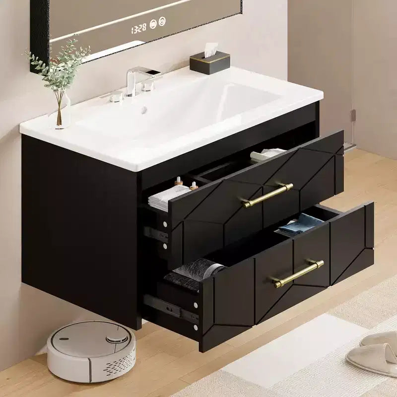 Modernes hängendes Badezimmer-Waschtischset mit Waschbecken – Wandmontierter Unterschrank mit Soft-Close-Schublade und goldenem Griff, Größe 24 oder 30 Zoll