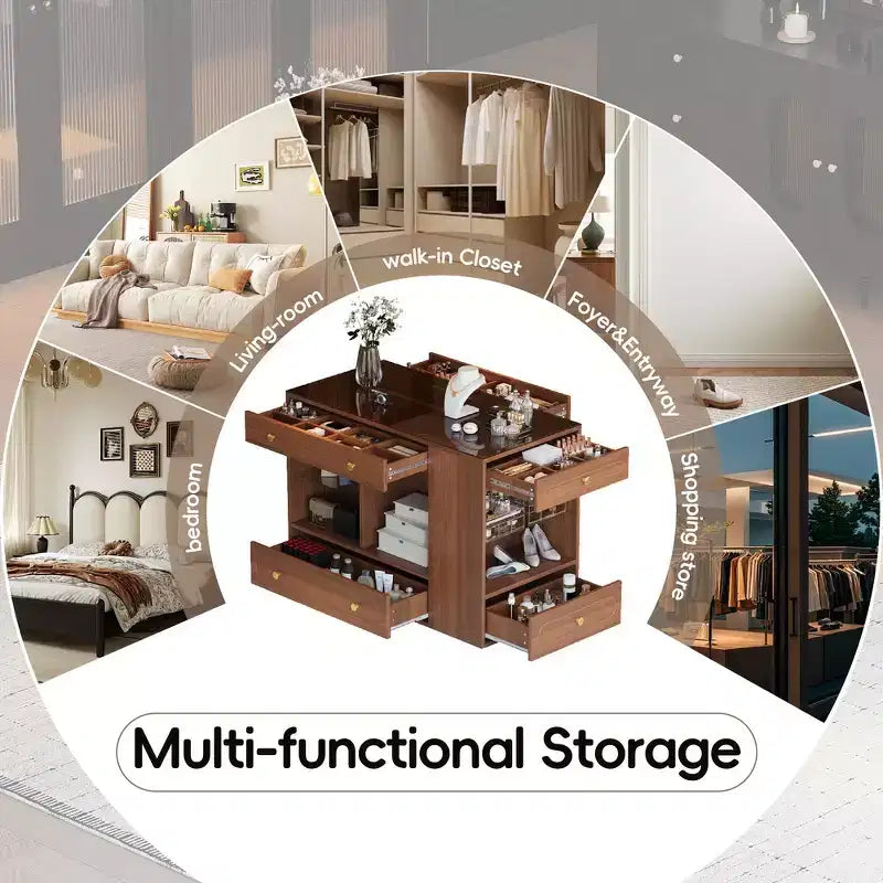 Kleiderschrank-Insel mit 6 Schubladen, Glas-Präsentationsplatte & offenen Regalen