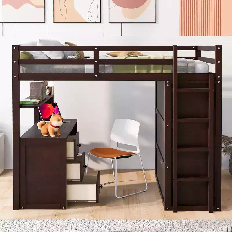 CLIHOME Hochbett in Full-Size mit 3 Schubladen, Schreibtisch und Kleiderschrank