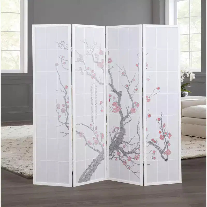 Roundhill Furniture Japanischer 4-Panel Raumteiler, Pflaumenblüte