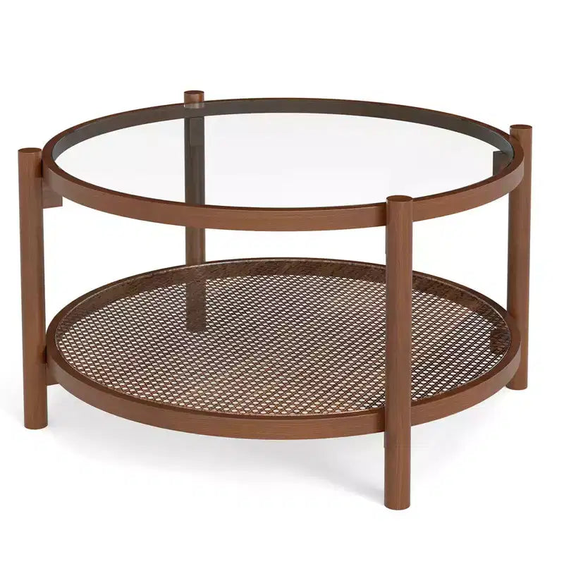 Runder Couchtisch, 31 Zoll, mit Tischplatte aus gehärtetem Glas und Rattangefacht