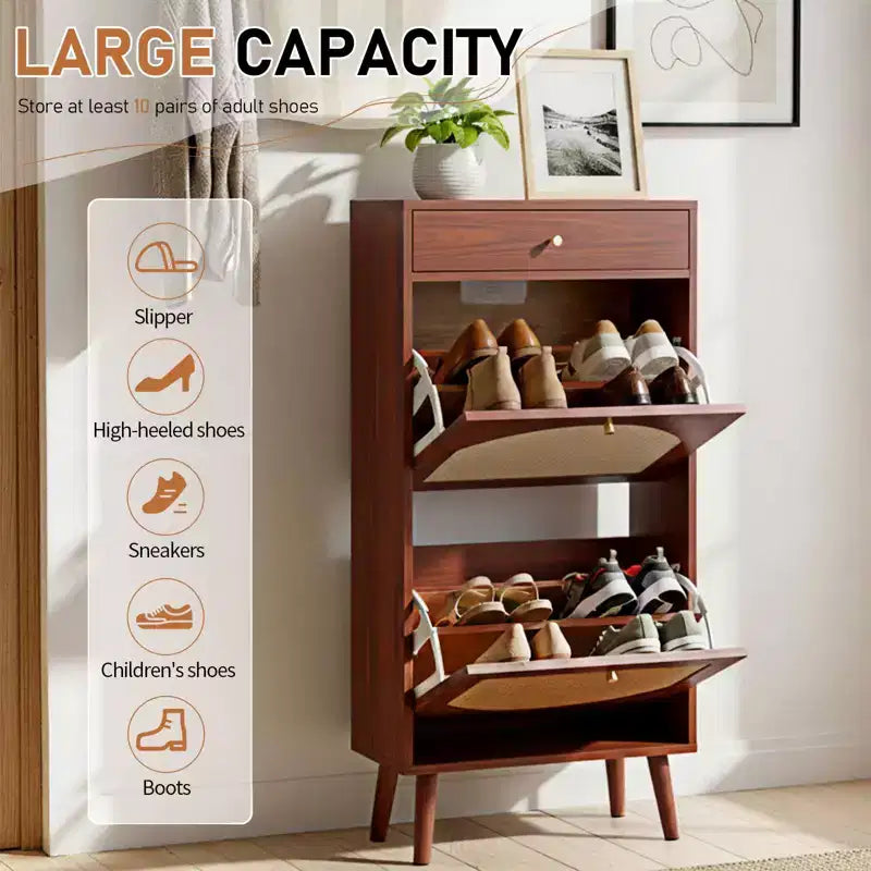 Schuhschrank mit Rattan-Paneel, 1 Schublade, 2 Klappfächern, Spanplatte, 54 cm B