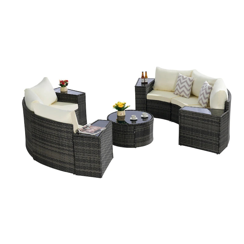 11-teiliges modulares Outdoor-Sofa-Set mit halbrunden Elementen, Couchtisch aus gehärtetem Glas und 4 Beistelltischen