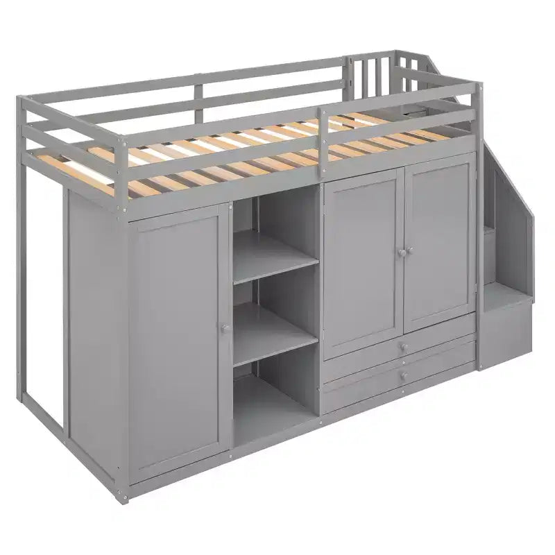 93,3 Funktionales Hochbett mit Kleiderschränken, Regalen, Schubladen und Stauraumleiter