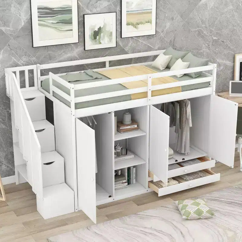 93,3 Funktionales Hochbett mit Kleiderschränken, Regalen, Schubladen und Stauraumleiter