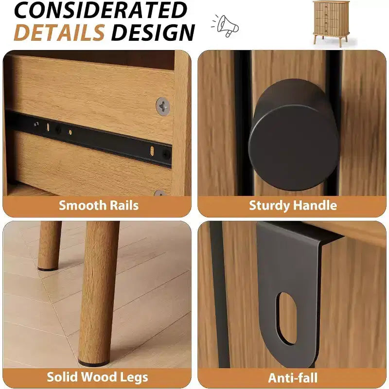 Kommode, horizontaler Schrank mit 6 Schubladen, schwarzen Griffen & Holzbeinen, Naturholz-Optik
