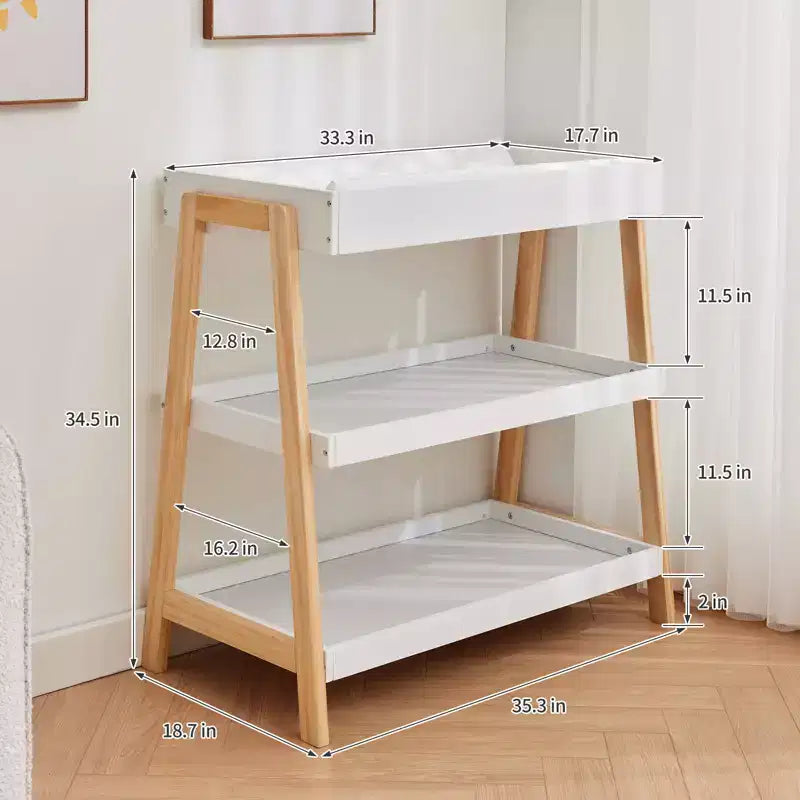 Moderner Wickeltisch mit wasserfester Auflage & 2 Ablagefächern, tragbare Baby-Wickelkommode aus Holz für Neugeborene/Kleinkinder, Holz+Weiß