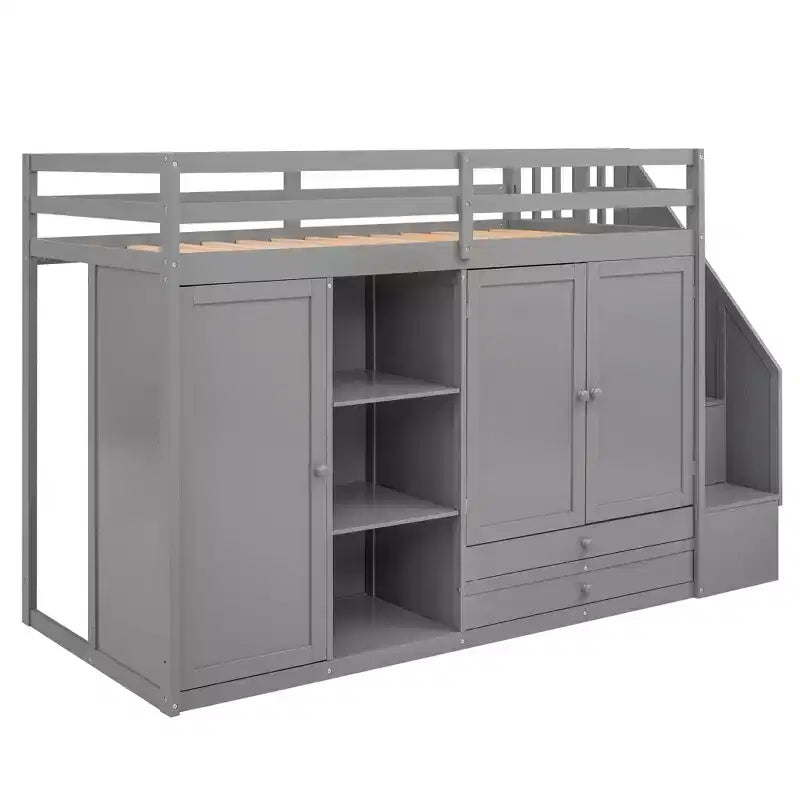 93,3 Funktionales Hochbett mit Kleiderschränken, Regalen, Schubladen und Stauraumleiter