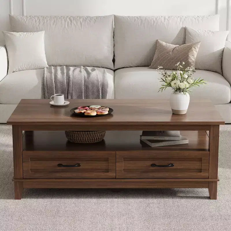 Landhausstil-Couchtisch mit Schubladen, 47,2 Zoll Wohnzimmertisch im rustikalen Design, Braun, mit offenem Ablagefach und 6 Stützbeinen