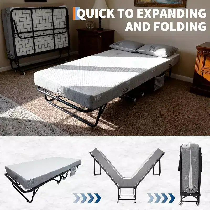 Klappbett mit Matratze für Erwachsene, tragbares Gästebett auf Rollen, faltbares Metallgestell-Bett mit 5-Zoll-Memory-Foam-Matratze und seitlicher Aufbewahrungstasche
