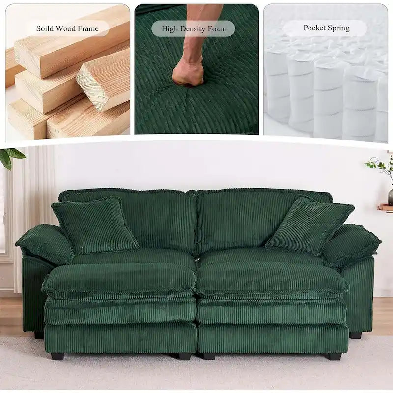 Modernes 2-Sitzer-Sofa aus Cord mit 4 Stützkissen und 2 Hockern