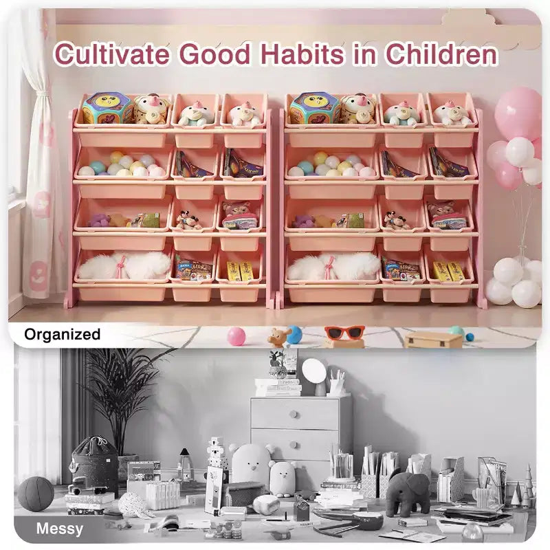 VECELO Kinder-Bücherregal mit Spielzeugaufbewahrung und 12 Körben, Spielzeugregal aus Holz für Kleinkinder, geräumige Spielzimmeraufbewahrung für Bücher oder Spielzeug