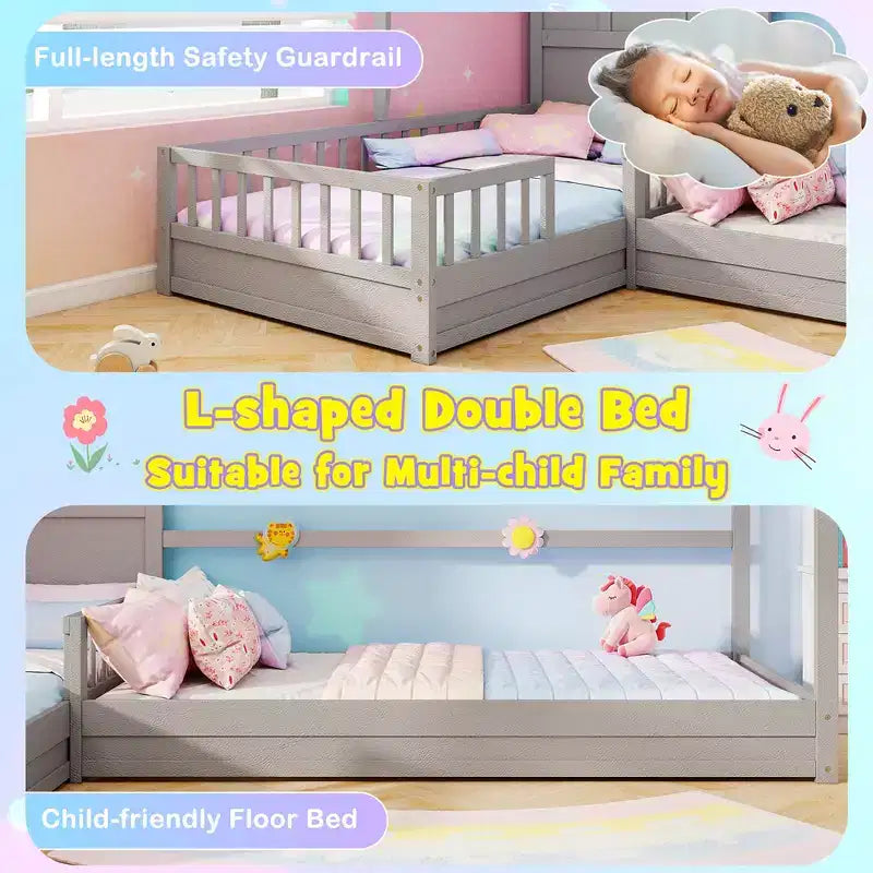 L-förmiges Etagenbett-Set mit Haus-Design, Fenster und Zäunen – Grau/Weiß