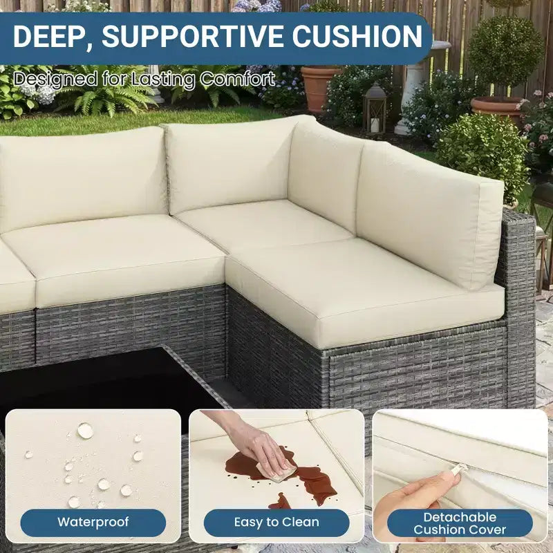 7-teiliges Outdoor-Gartenmöbel-Set, Geflochtene Lounge-Garnituren mit Auflagen und Couchtisch, Modulares Outdoor-Ecksofa