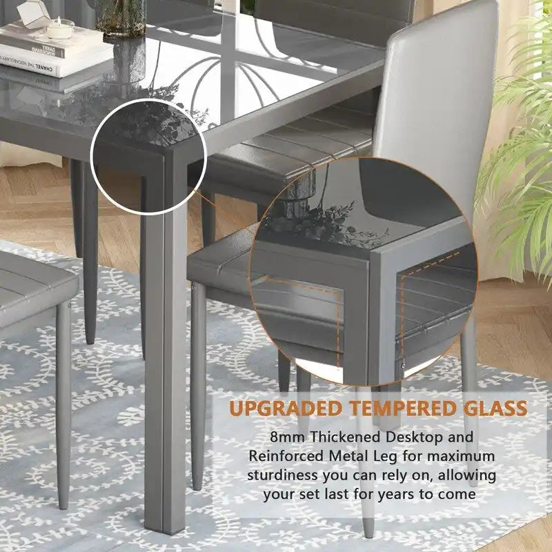 Grondin 7-teiliges Esszimmer-Set im modernen Stil mit Tischplatte aus gehärtetem Glas und 6 Stühlen mit PU-Lederpolsterung