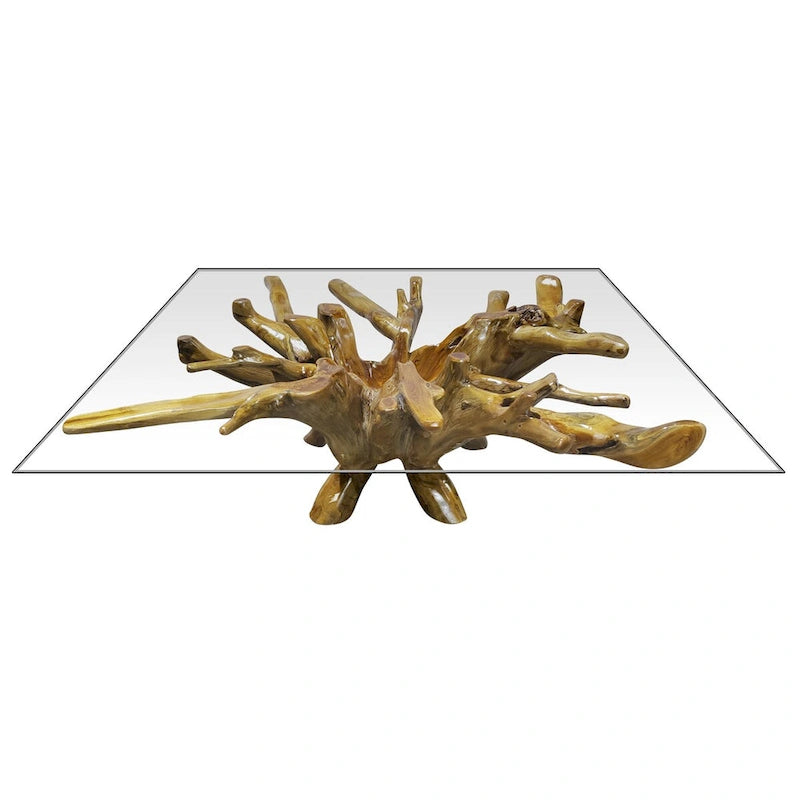 Couchtisch aus Teak-Wurzelholz, inklusive 55-Zoll-Quadrat-Glasplatte