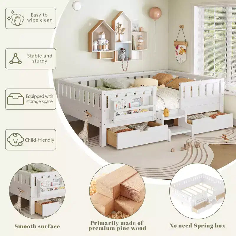 Bellemave Queen-Size-Kleinkindbett mit 14 Sicherheitsgeländern, platzsparender Bettrahmen mit integrierten Bücherregalen & 2 Schubladen unter dem Bett