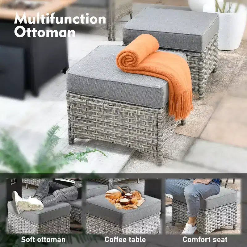 HOMLUX 6-teiliges Terrassen-Loungeset aus Polyrattan mit 3-Sitzer-Sofa und Polstern, Rattanstühlen, Hockern und Couchtisch