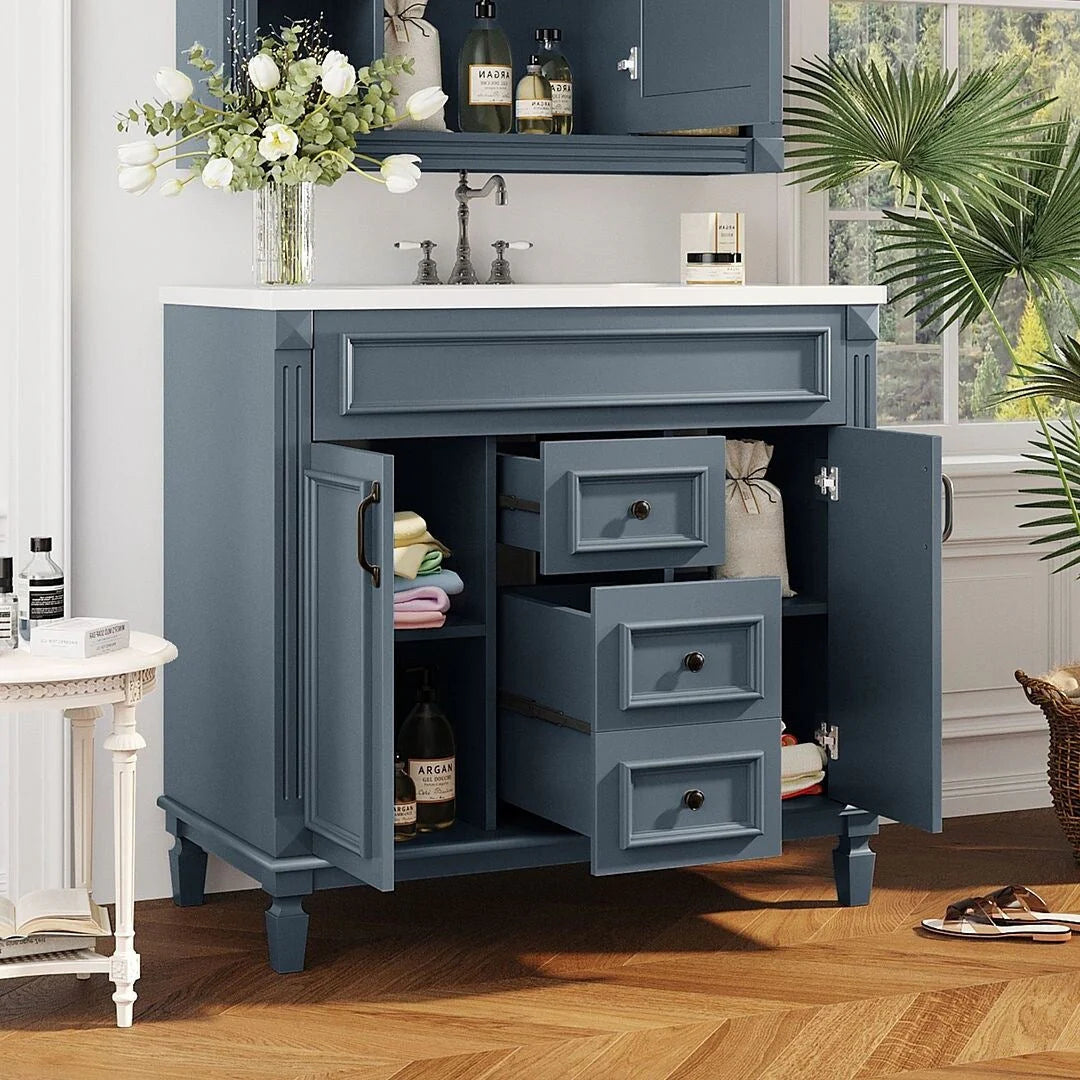 36" Moderner Badezimmer-Waschtisch mit Aufsatzwaschbecken und Spiegelschrank, 2 Türen und 2 Schubladen