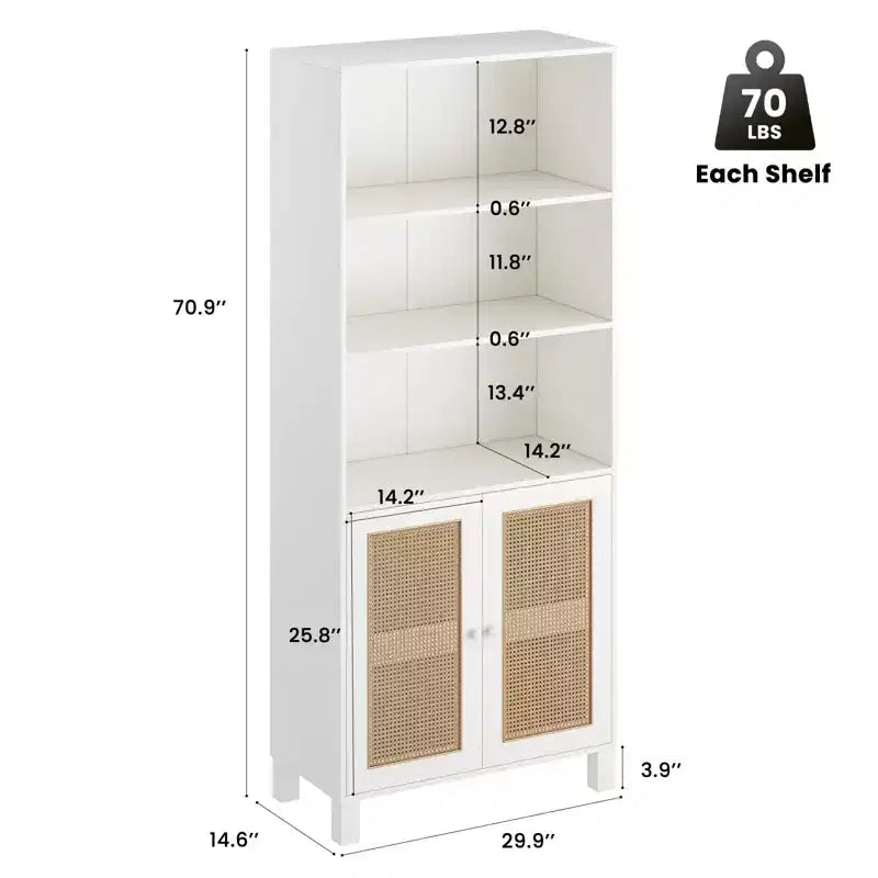 TUYOHW Hohe Bücherregal mit Rattantüren, freistehender Aufbewahrungsschrank mit 5 Regalböden, Bücherregal für Wohnzimmer, Schlafzimmer und Arbeitszimmer