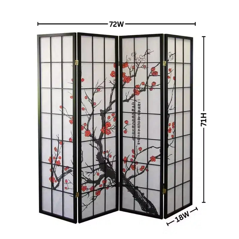 Roundhill Furniture Japanischer 4-Panel Raumteiler, Pflaumenblüte