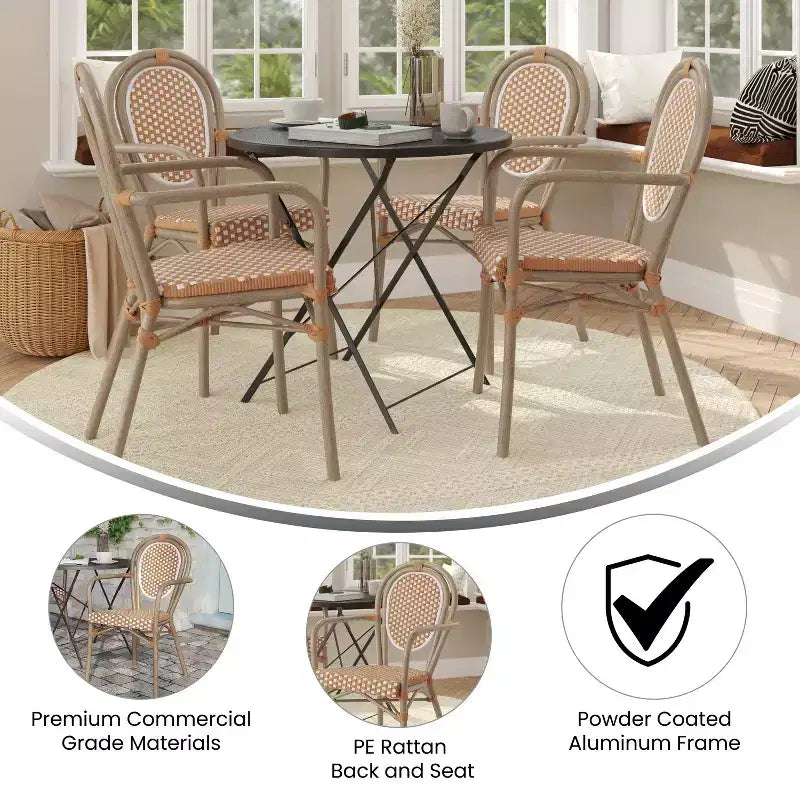Flash Furniture 4er-Set Lourdes Indoor/Outdoor Gastro-Bistro-Stapelstuhl mit Armlehnen im Thonet-Stil, PE-Rattan und Aluminiumgestell